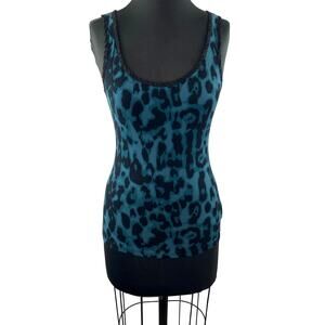 GUESS Blue Black Leopard Print Sleeveless Scoop Neck Cotton Blend Jamie Tank S